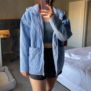 Urban Outfitters Freja Quilted Chambray Hooded Jacket - Light Blue, Size Small